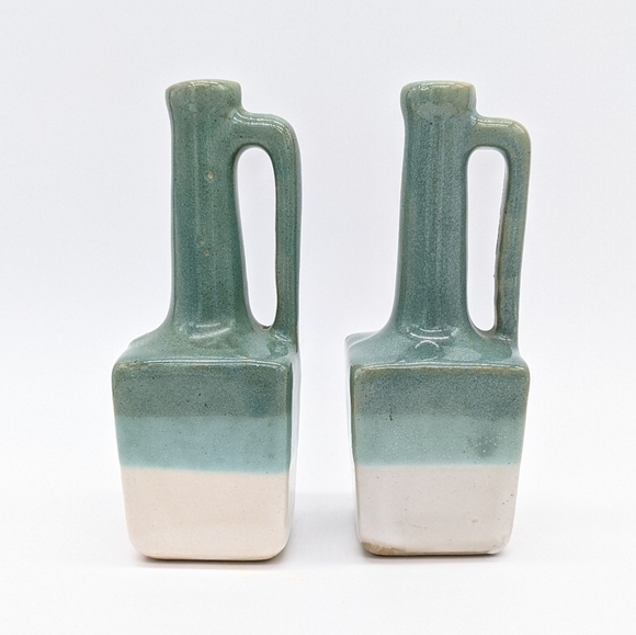 Vintage long neck blue white green ceramic vases with handles - Picture 1 of 8